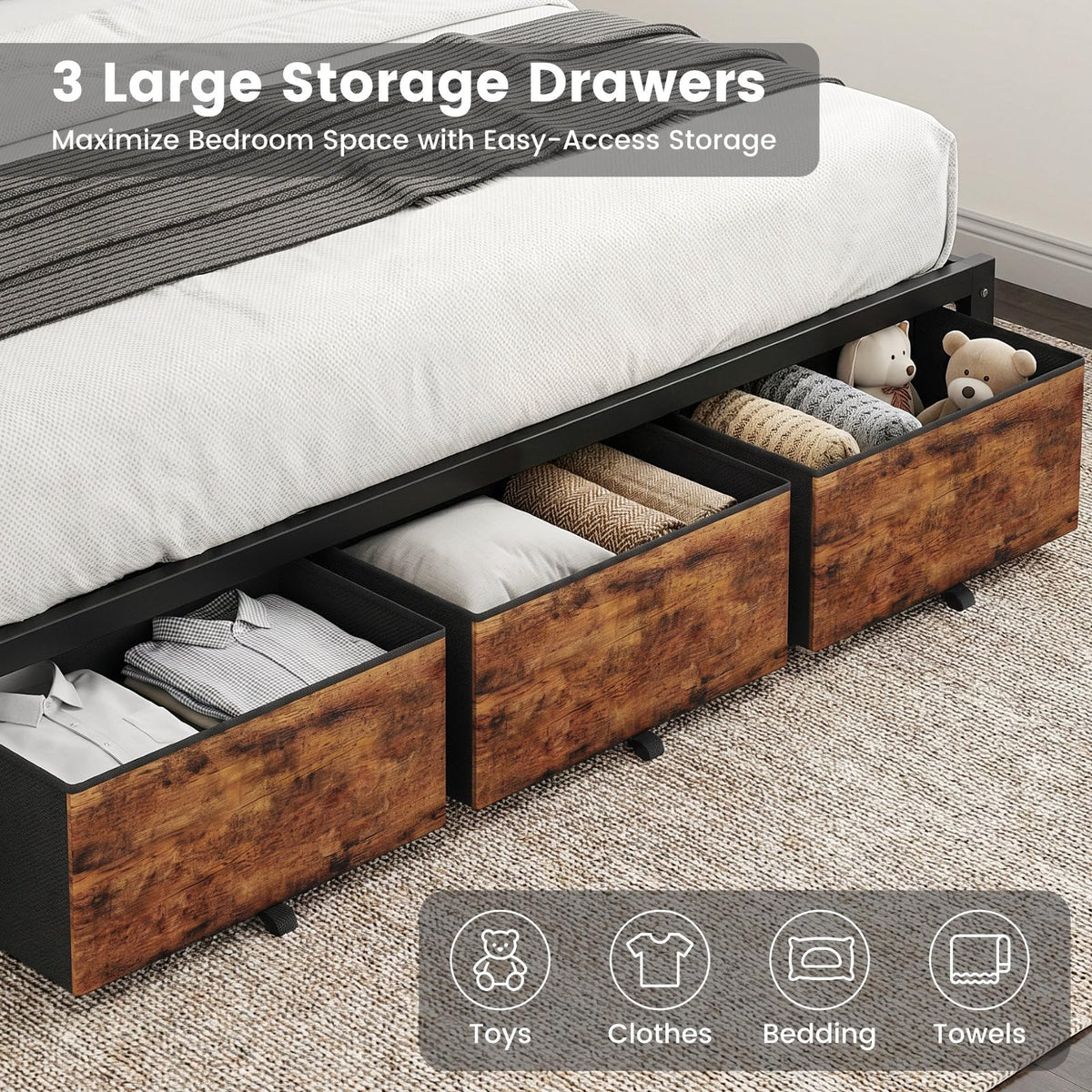 King Size Bed Frame with Storage Headboard and 3 Drawers T732