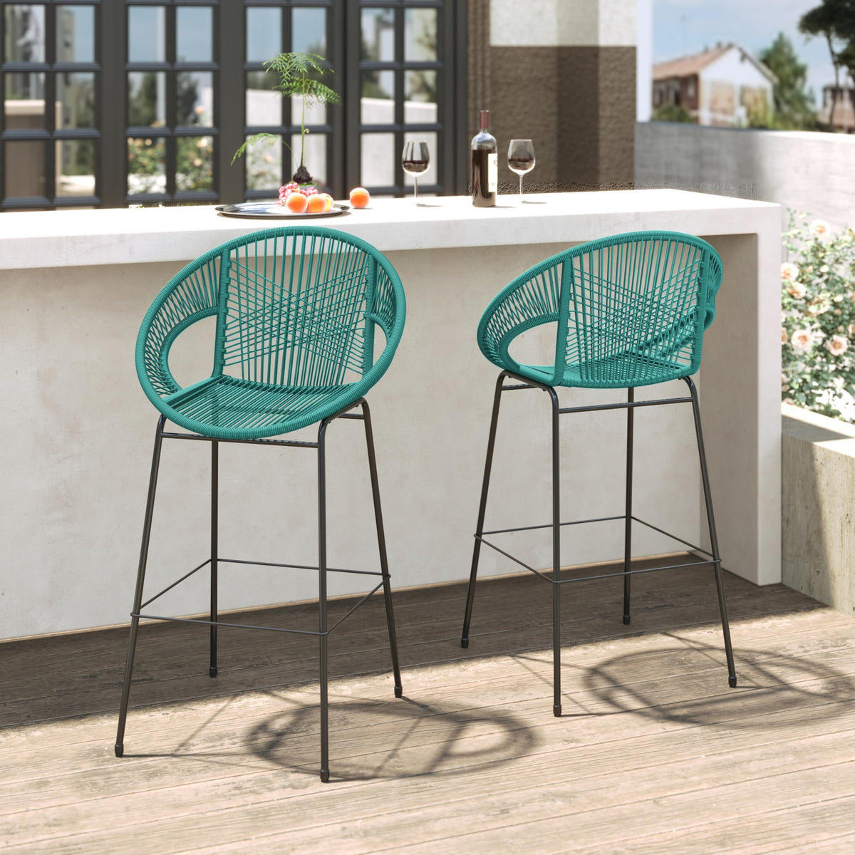Teal Faux Wicker Outdoor Bar Stool Set of 2 W924813