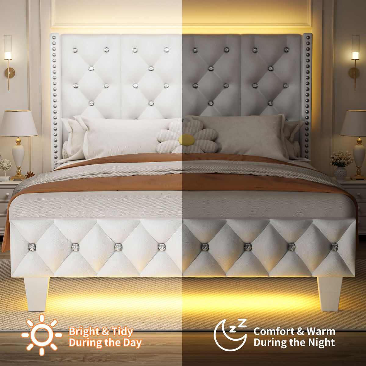 White Upholstered Full Size Bed Frame with Headboard M884