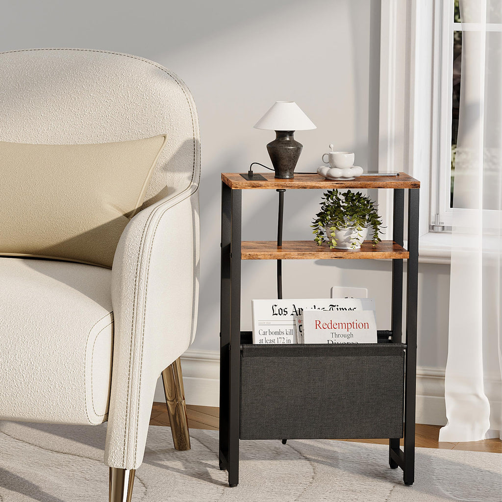 Narrow 3 Tier Side Table with Charging Station and Magazine Rack V39296
