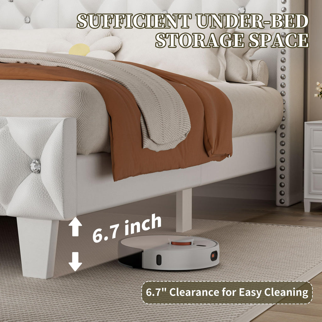 White Upholstered Full Size Bed Frame with Headboard M884