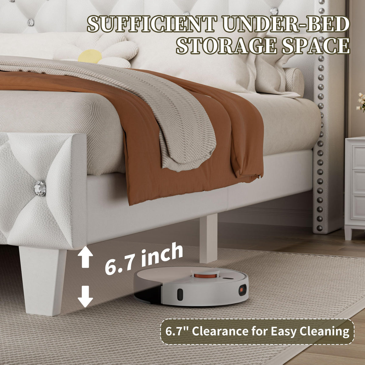 White Upholstered Full Size Bed Frame with Headboard M884