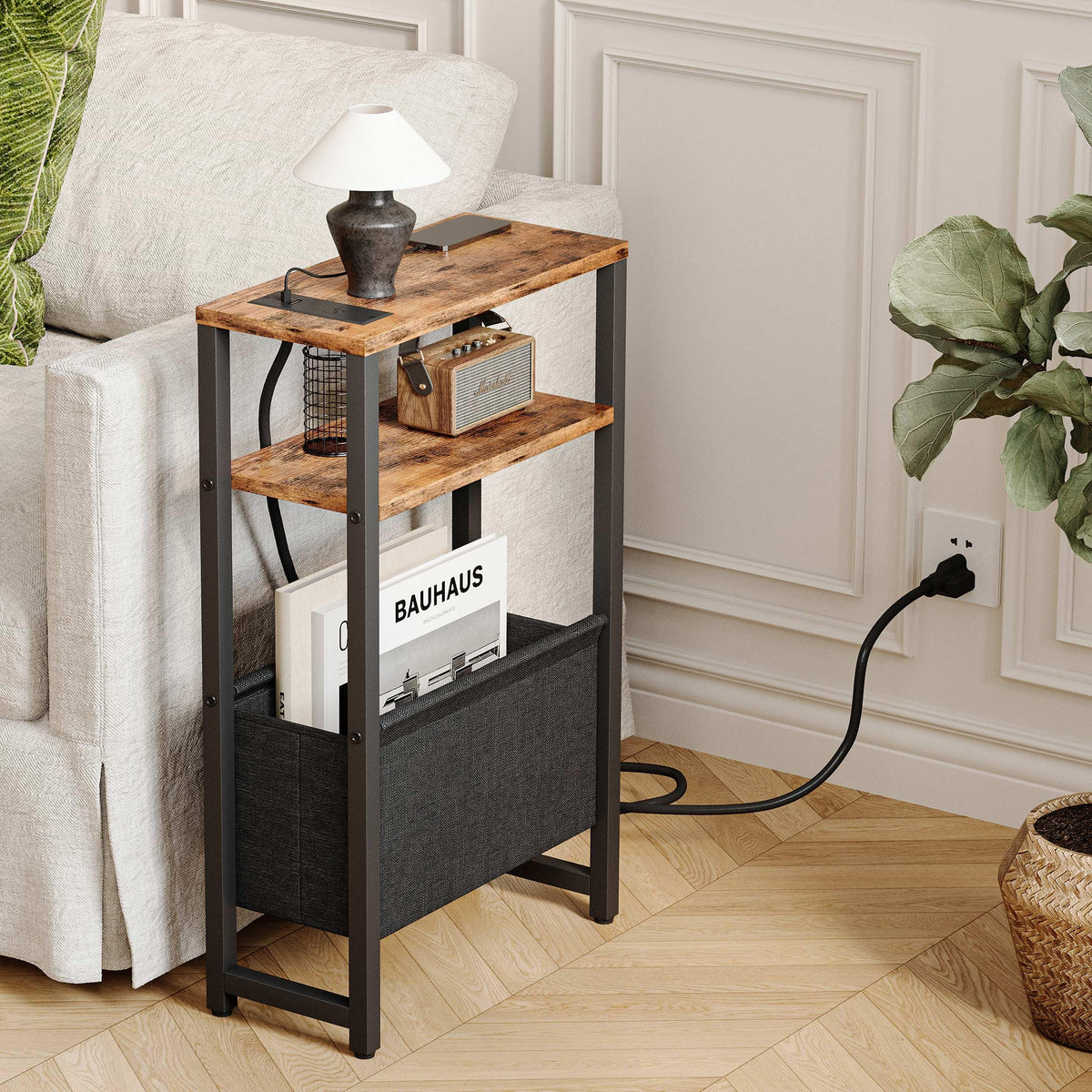 Narrow 3 Tier Side Table with Charging Station and Magazine Rack V39296