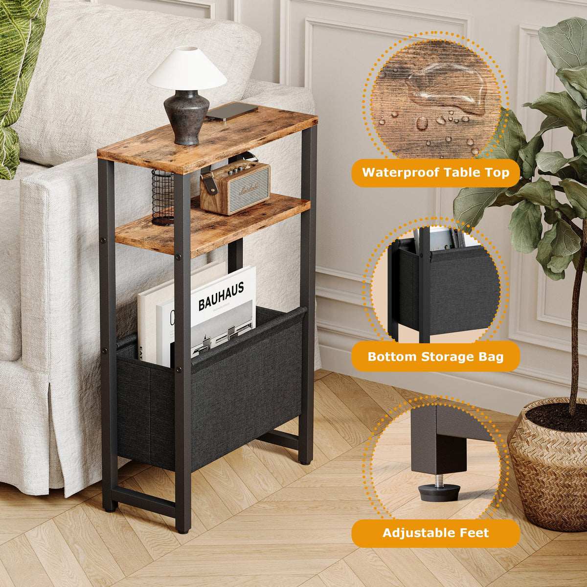 Narrow 3 Tier Side Table with Charging Station and Magazine Rack V39296